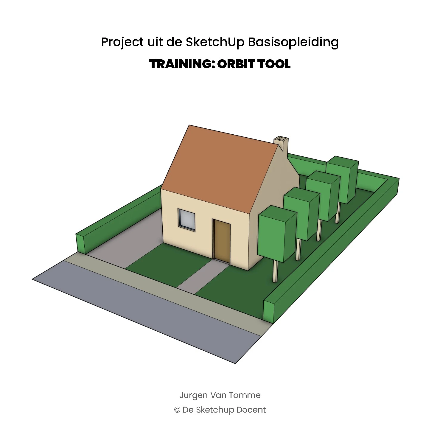 3D huismodel met tuin, bomen en oprit, gebruikt om de Orbit Tool training in SketchUp te illustreren.