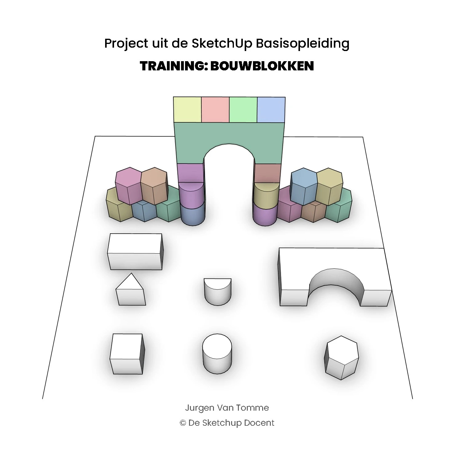 Kleurrijke boogconstructie en verschillende geometrische blokken (kubussen, cilinders, prisma's) op een vlak, onderdeel van de bouwblokkentraining in SketchUp.