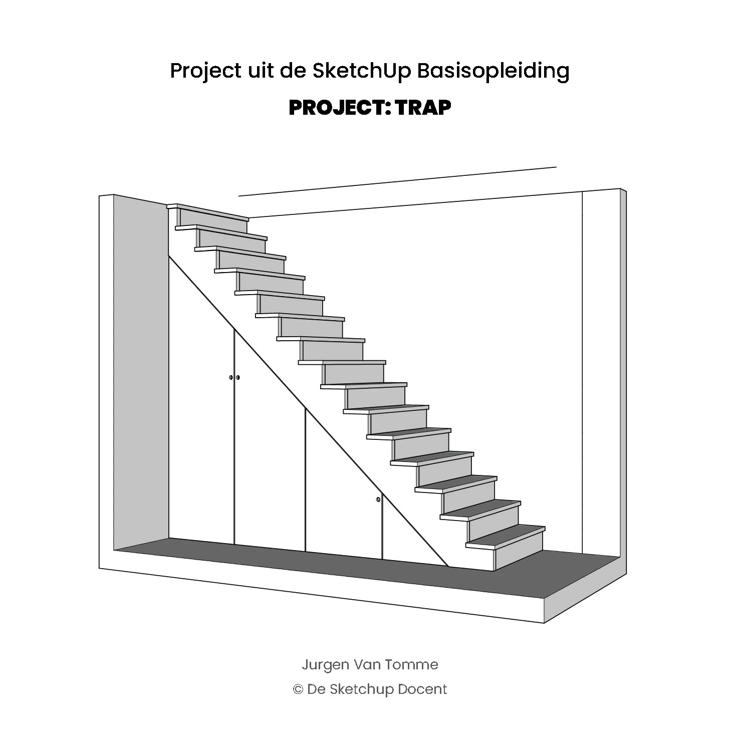 3D trapmodel met ingebouwde kast en treden, gemaakt tijdens de SketchUp basiscursus.