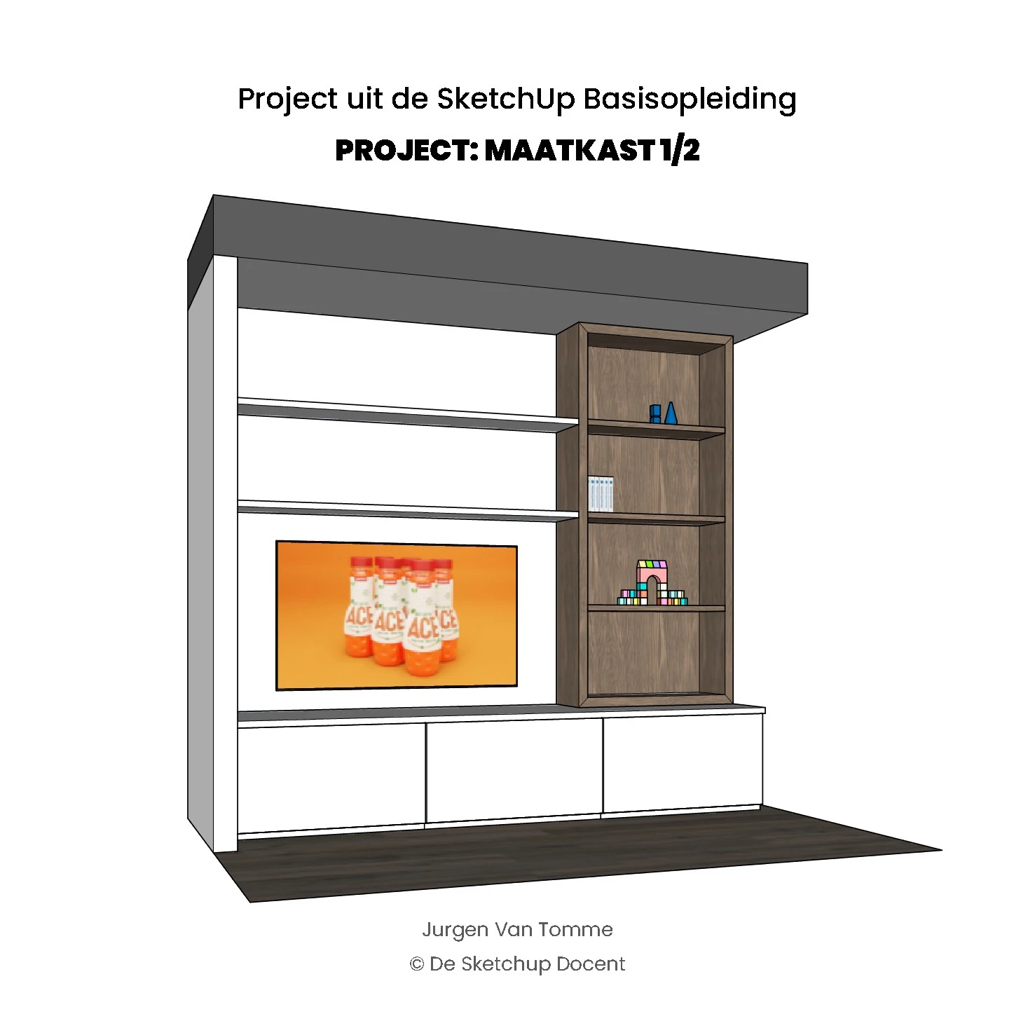 3D model van een op maat ontworpen wandkast met open planken, een tv‑nis en gesloten kasten in wit en donker hout.