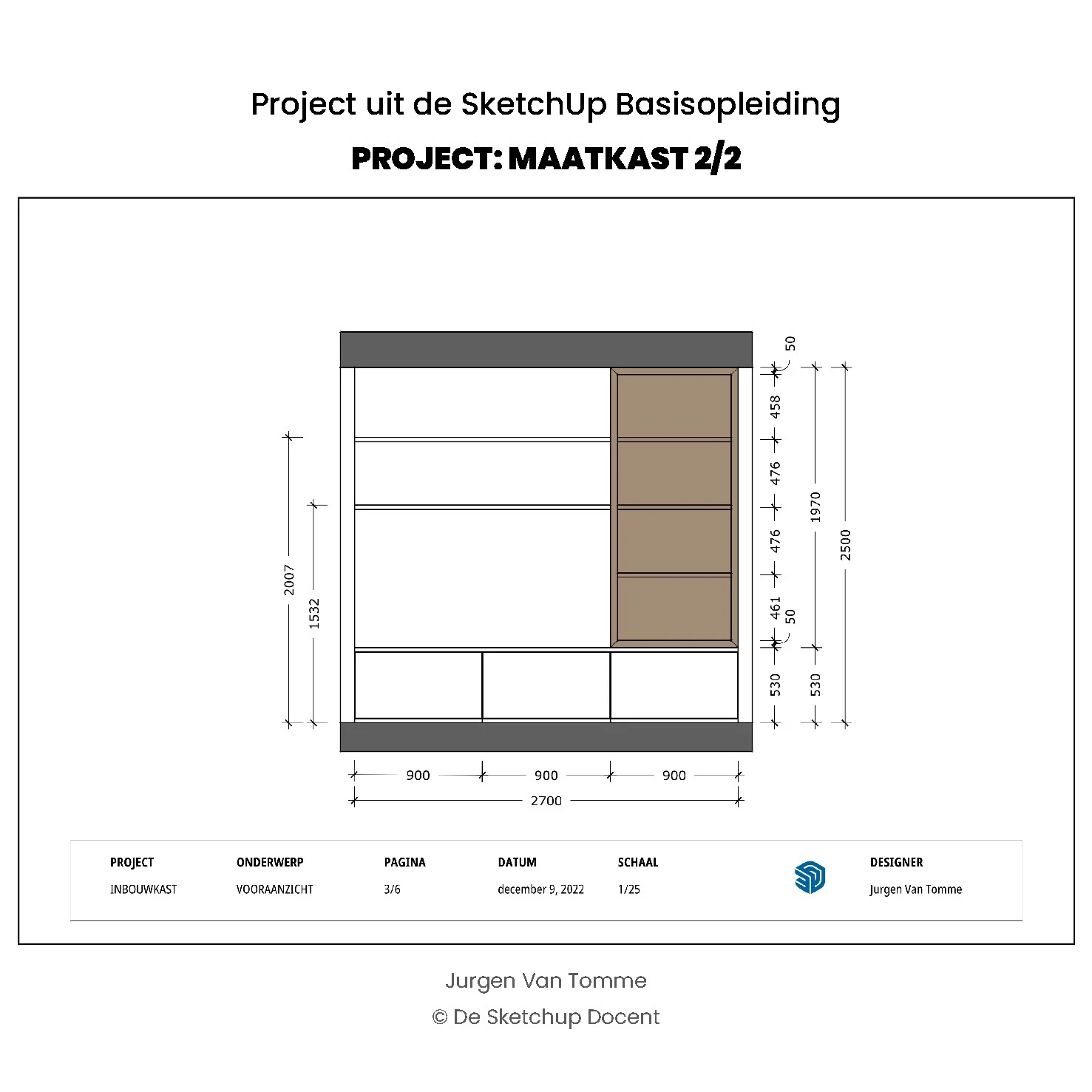 Technische tekening van een maatkast in LayOut met vooraanzicht, maatlijnen en afmetingen, afkomstig uit het SketchUp project.