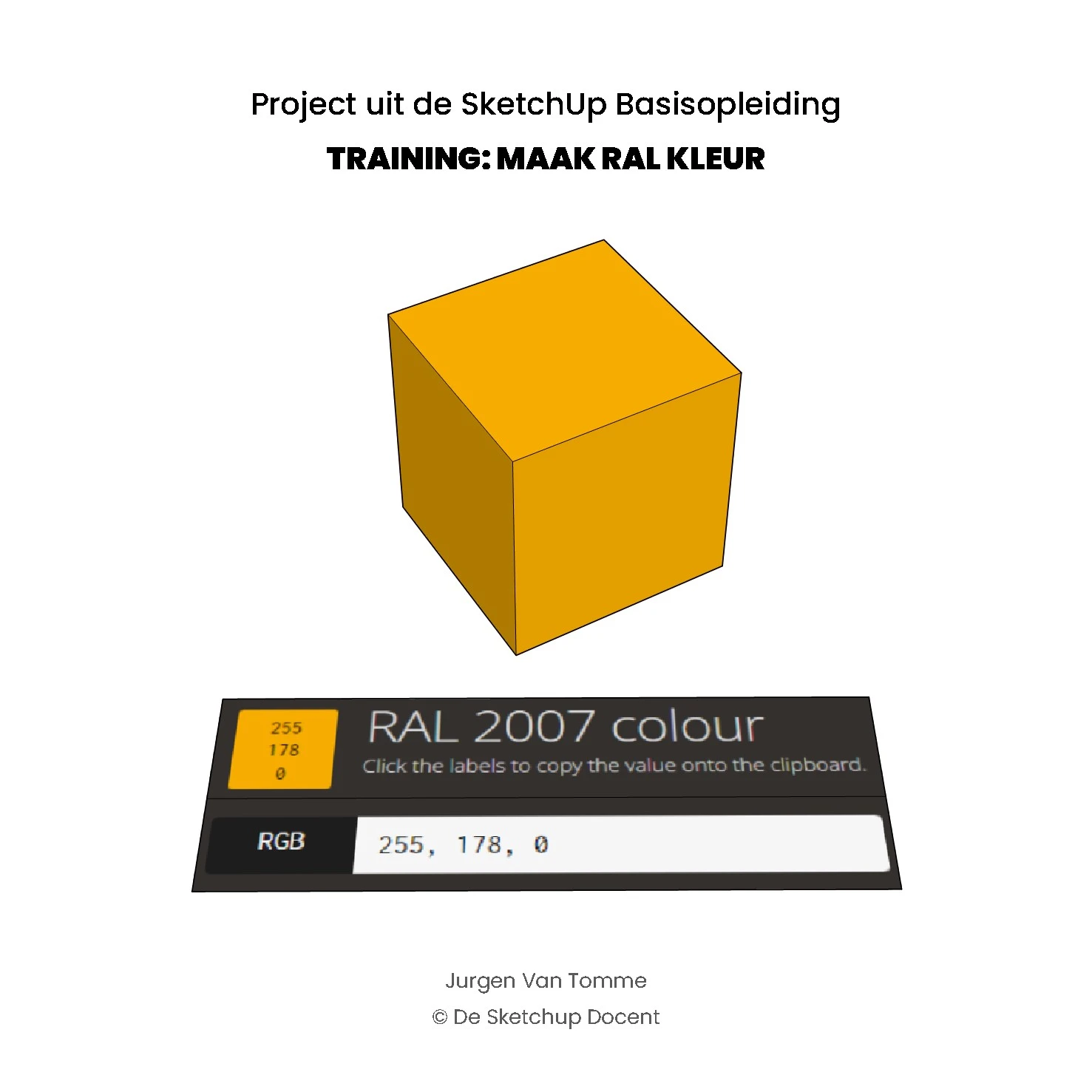 Okergele kubus met daaronder een kleurpaneel met RGB‑waarden 255, 178, 0 als illustratie voor het aanmaken van een RAL kleur in SketchUp